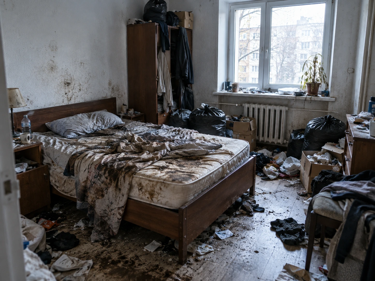 Помещение преди почистване и озониране след смърт